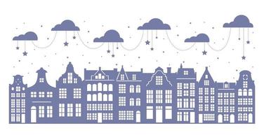 silhouet van een rij amsterdamse huizen. gevels van europese oude gebouwen voor kerstversiering. Hollandse huizen. vector
