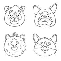 pomeranian, mopshond, bulldog, corgi dog face-collectie. vector lijn cartoon kawaii karakter pictogram. hand getrokken stijl geïsoleerde illustratie. puppy-huisdierbundel voor het kleuren van de boekpagina