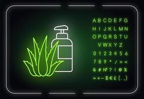 kruiden lotion neon licht icoon. crème op basis van planten. natuurlijke gel. badproduct. aloë vera-extract. buitenste gloeiende effect. bord met alfabet, cijfers en symbolen. vector geïsoleerde rgb-kleurenillustratie