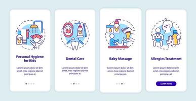 babyverzorging onboarding mobiele app paginascherm. kind lichamelijke gezondheid walkthrough 4 stappen grafische instructies met concepten. ui, ux, gui vectorsjabloon met lineaire kleurenillustraties vector