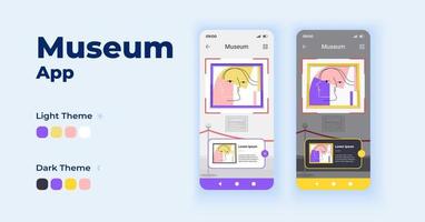 museum cartoon smartphone interface vector sjablonen set. mobiele app schermpagina dag en donkere modus ontwerp. vr tentoonstelling. galerij expositie online tour ui voor toepassing. telefoon display