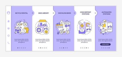 onboarding vectorsjabloon voor fietsaandelencategorisatie. responsieve mobiele website met pictogrammen. webpagina walkthrough 5 stappen schermen. kleurconcept voor muntstortstations met lineaire illustraties vector