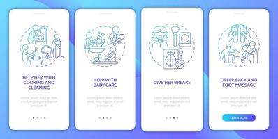 gezinsondersteuning tijdens zwangerschap onboarding mobiele app paginascherm. babyverzorging walkthrough 4 stappen grafische instructies met concepten. ui, ux, gui vectorsjabloon met lineaire kleurenillustraties vector