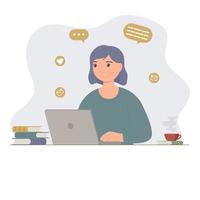 vrouw met laptop. concept illustratie voor werken, freelancen, studeren, onderwijs, thuiswerken. vector