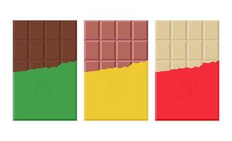 set van donkere, melk en witte chocoladereep in een open verpakking op witte achtergrond. platte vectorillustratie vector