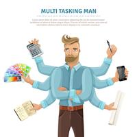 Multitasking man vlakke poster vector