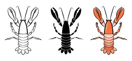 garnalen geïsoleerde vector pictogram. zeevruchten cartoon overzicht schets set. pakket logo ontwerpelement. kreeft langouste gourmet. rode schaaldieren print. eenvoudig embleem sjabloon. grafisch oceaan schaaldier symbool.