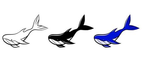 walvis blauwe vector icon set. geïsoleerd grafisch logo ontwerpelement. aquatische zee dieren in het wild dier. doodle zwart-wit tekening sjabloon. schets schets sticker. kleurplaat voor kinderen. schattige oceaanbewoner.