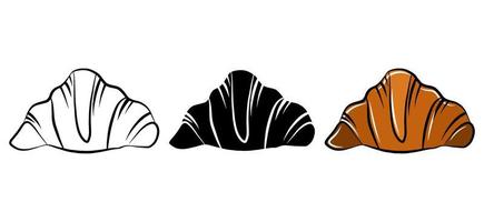 croissant geïsoleerde pictogramserie. vector snoep illustratie. logo bakkerij ontwerpelement. menu grafische suiker ontbijt eten. tekenfilm, platte doodle tekening schets schets stijl. monochrome embleemafdruk.