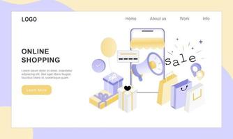3D-realistisch online winkelen op de landingswebpagina of het mobiele applicatieconcept van vector digitale marketingsjabloon. isometrische papierkunst voor digitale winkelpromotie, betaling, levering, grote verkoop, advertenties.