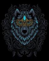 illustratie wolf hoofd met vintage gravure ornament vector