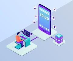 ontwikkelingsconcept voor mobiele apps met man-programmeurontwikkelaar met grote smartphone in isometrische stijl vector