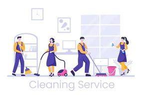 schoonmaak service platte ontwerp illustratie. mensen stofzuigen, vegen het stof af en vegen de vloer in huis voor achtergrond, spandoek of poster vector