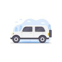 vectorillustratie van een auto ontworpen in het wit en versierd met illustratie-elementen van het stadslandschap als achtergrond in het thema van de illustratie van het autotransport vector