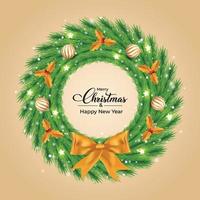 kerstkransontwerp met witte en gouden decoratieve lichtballen. groene kleur krans ontwerp met gouden bladeren en een lint. kerstkransontwerp met kalligrafie vector