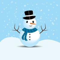 kerstsneeuwman met schattige ogen en een tovenaarshoed. een schattige sneeuwpop op een sneeuw vallende achtergrond. kerstsneeuwpopontwerp met boomtakken, knopen, een wortelneus, neksjaal en lachend gezicht. vector