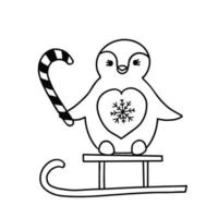 pinguïn op slee met snoep doodle illustratie voor afdrukken, achtergronden, covers, verpakkingen, wenskaarten, posters, stickers, textiel, seizoensgebonden ontwerp. geïsoleerd op een witte achtergrond. vector