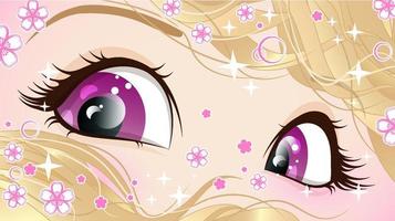 roze ogen van een meisje met blond haar met pailletten en bloemen in anime-stijl. vector