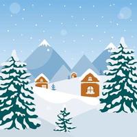 wenskaart voor nieuwjaar en kerstmis. winterlandschap met bergen en sparren. vectorillustratie voor het afdrukken op een poster. vector