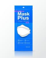 sachet blauwe verpakking medische maskers 3D-vorm. verpakkingsgrootte 1 stuk. mockup geïsoleerd op een witte achtergrond. realistisch bestand. vector