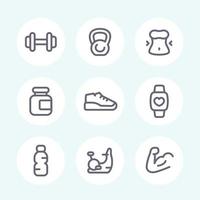 sportschool, fitness training iconen set, lijn pictogrammen op wit vector