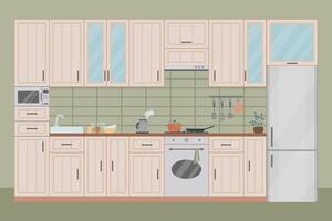 gezellige keuken interieur, platte vectorillustratie. koelkast, meubilair, oven, bloempot, waterkoker, theedoek, servies. vector