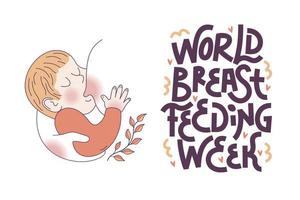 vectorillustratie voor internationale borstvoeding week.lettering. de baby zuigt aan de borst van de moeder. lineaire afbeelding. vector