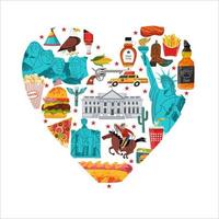 VS. geweldige verzameling items, attracties, tradities, souvenirs en eten van Amerika. vectorillustratie. vector