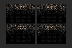 2022 2023 2024 2025 kalender met luxe gouden glanzende glitter en fakkels, rijk horizontaal ontwerp voor wand- of tafelkalenderplanner vector
