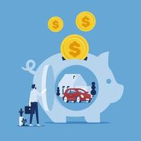 zakenman die munt in spaarvarken stopt, voor auto en huis spaart, geldconcept spaart en investeert vector