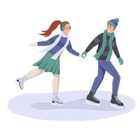 een jonge man en een vrouw schaatsen in de winter. een verliefd stel heeft plezier op een date. platte vectorillustratie vector