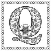 letter q gemaakt van bloemen in mehndi-stijl. kleurboek pagina. schets hand-draw vectorillustratie. vector