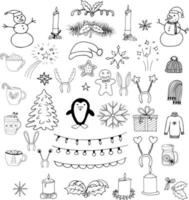 kerst set hand getrokken doodle. minimalisme. wintercollectie, kaarsen, decor, sneeuwpop, kleding voor warme dranken vector