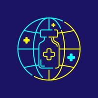 logo covid-19 vaccinfles, netwerk met kruispictogram, vaccinatiecampagne wereldwijde reisbel gids illustratie blauwe, gele kleur geïsoleerd op donkerblauwe achtergrond vector