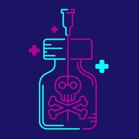 logo covid-19 vaccin crossbones symbool in fles en spuit tip met kruis pictogram, vaccinatie probleem risico dood concept ontwerp illustratie blauwe, paarse kleur geïsoleerd op donkerblauwe achtergrond vector