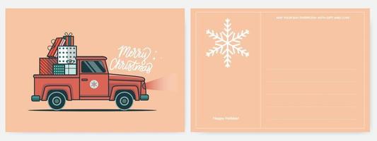 kerstkaart met auto met een stapel kerstcadeauillustratie in platte ontwerpsjabloon vector