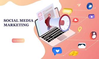 bestemmingspagina van social media marketing. communicatie in sociale netwerken. afbeelding van mobiele telefoon met chat, likes en geld. 3d isometrisch ontwerp voor infographics, banner, website, promotiemateriaal vector