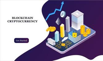 moderne platte ontwerp isometrische achtergrond van blockchain en cryptocurrency voor banner en website. sjabloon voor bestemmingspagina's. virtuele contante transactie, cryptocurrency blockchain-concept. vector illustratie