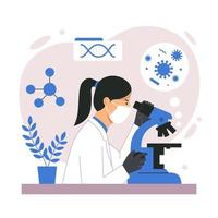 vrouwelijke wetenschapper die door een microscoop kijkt in een laboratorium dat onderzoek doet