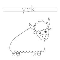 traceer de letters en kleur schattige yak. handschriftoefeningen voor kinderen. vector
