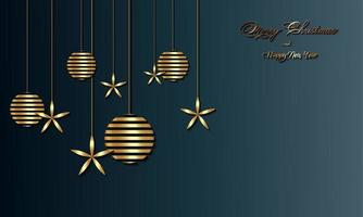 luxe kerstvakantiebanner met gouden handgeschreven prettige kerstdagen en gelukkig nieuwjaarsgroeten en goudkleurige kerstballen. vectorillustratie geïsoleerd op blauwe achtergrond vector