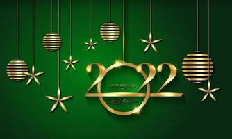2022 luxe kerstvakantiebanner met gouden handgeschreven prettige kerstdagen en gelukkig nieuwjaar, goudkleurige kerstballen. vectorillustratie geïsoleerd op groene achtergrond vector