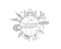 gelukkig nieuwjaar 2022 tekst met reizen wereld ontwerp geklets, vectorillustratie. vector