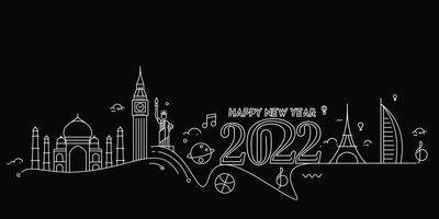 gelukkig nieuwjaar 2022 tekst met reizen wereld ontwerp geklets, vectorillustratie. vector