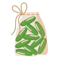 stoffen transparante herbruikbare eco-zak voor het wegen van voedsel, groenten en fruit zonder plastic zak met komkommer. vector