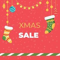 kerst vierkante kerst verkoop kaart met kerst sokken. vectorillustratie. vector