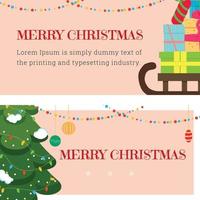 een set kerstbanners met de afbeelding van een berg geschenken en een elegante kerstboom. vectorillustratie. vector