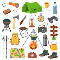 bundel wandelen. grote set items voor kamperen, wandelen, toerisme en reizen. vector