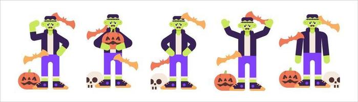 set schattig frankenstein-kostuum voor halloween met verschillende pose-illustraties vector