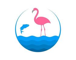 flamingo met springende vissen op het water vector